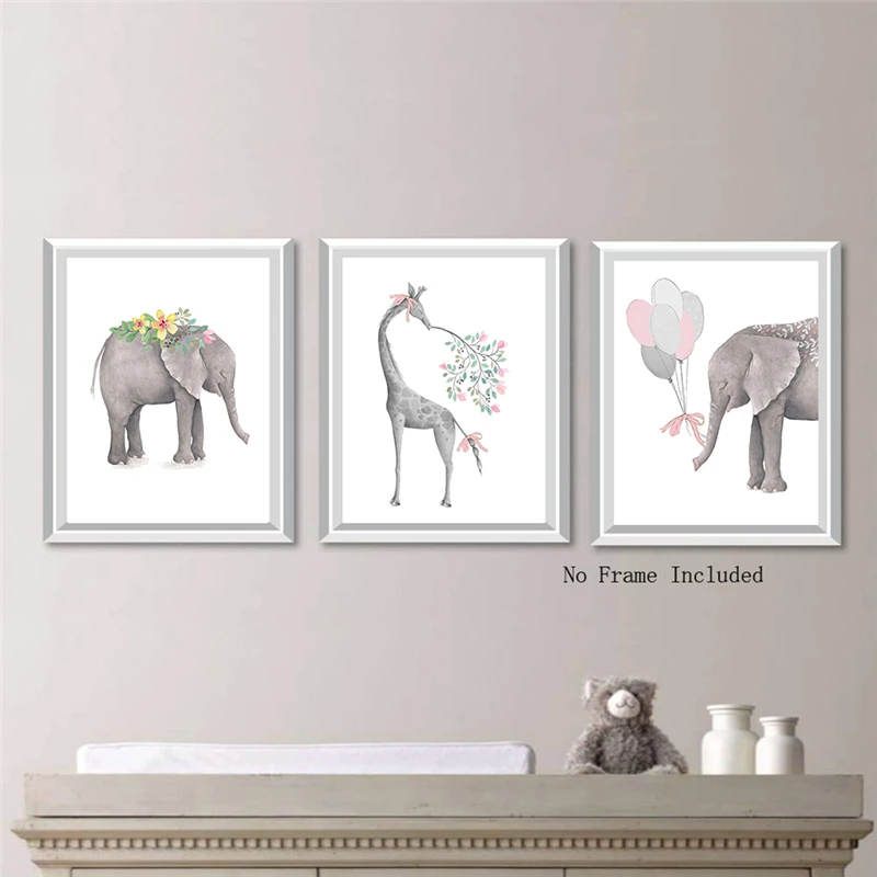 Woodland Nursery Wall Prints - Baby Bedroom Decor Elephant Balloon Deer Animal Whimsical Posters Pink Neutral Ar | Дом и сад