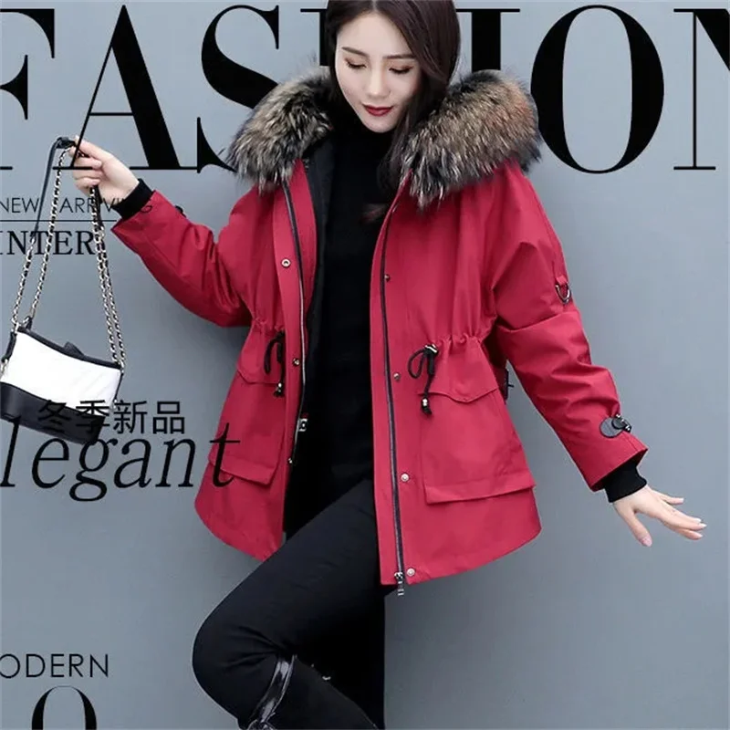 2022 Autumn/Winter New Detachable Parkas Coat Women Imitation Fur Fashion Korean Thickened Pleated Black Jacket Big Fur Collar