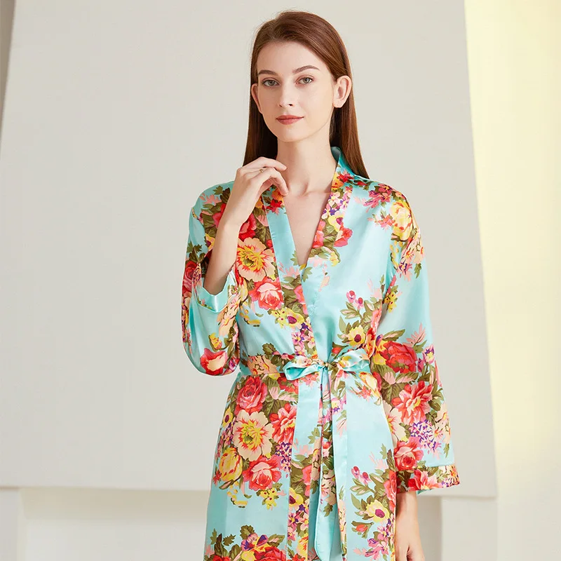 

Summer New Women Kimono Robe Print Flower Home Clothing Intimate Lingerie Satin Novelty Sleepwear Bathrobe Bown Nightgown