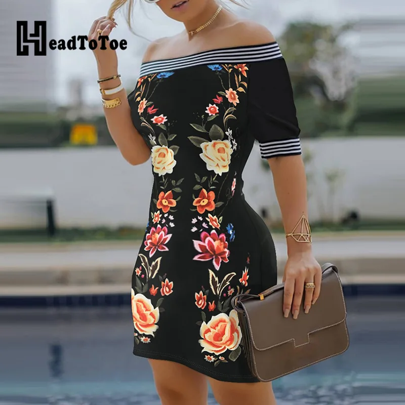 

Off Shoulder Floral Print Striped Tape Colorblock Dress