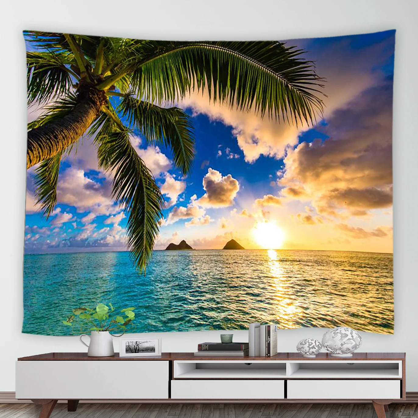 

Dusk Ocean Palm Tree Tapestry Blue Sea Natural Landscape Tapestries 3D Hawaii Scenery Dorm Wall Hanging Picnic Mat Beach Blanket