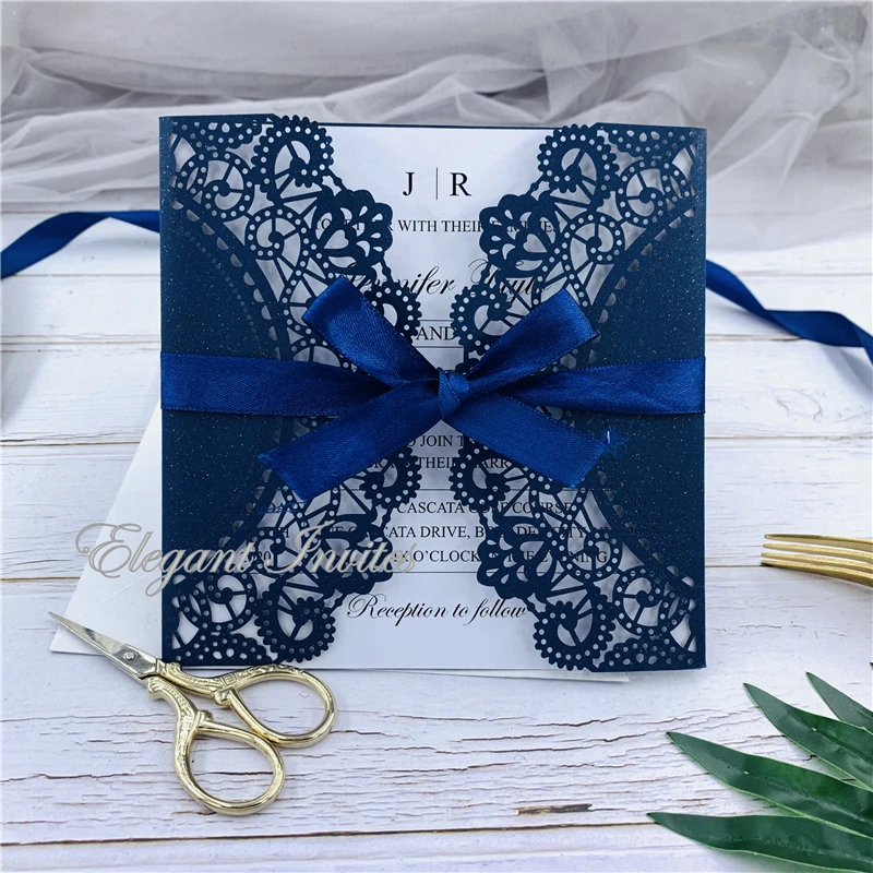 Элегантные Пригласительные открытки Dark Navy с лазерной резкой блестящие свадебные
