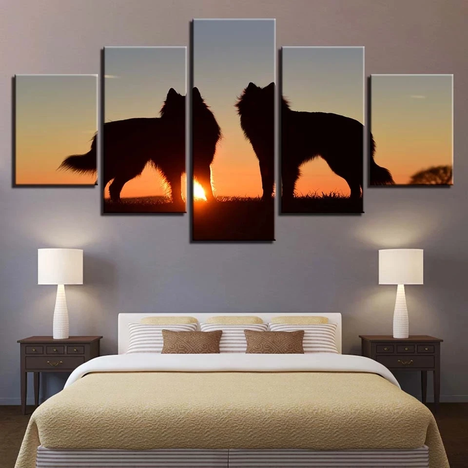 

Home Decor Modular Art Pictures 5 Pieces Sunset Animals Wolves Silhouette Canvas Painting for Living Room Decoration No Frame