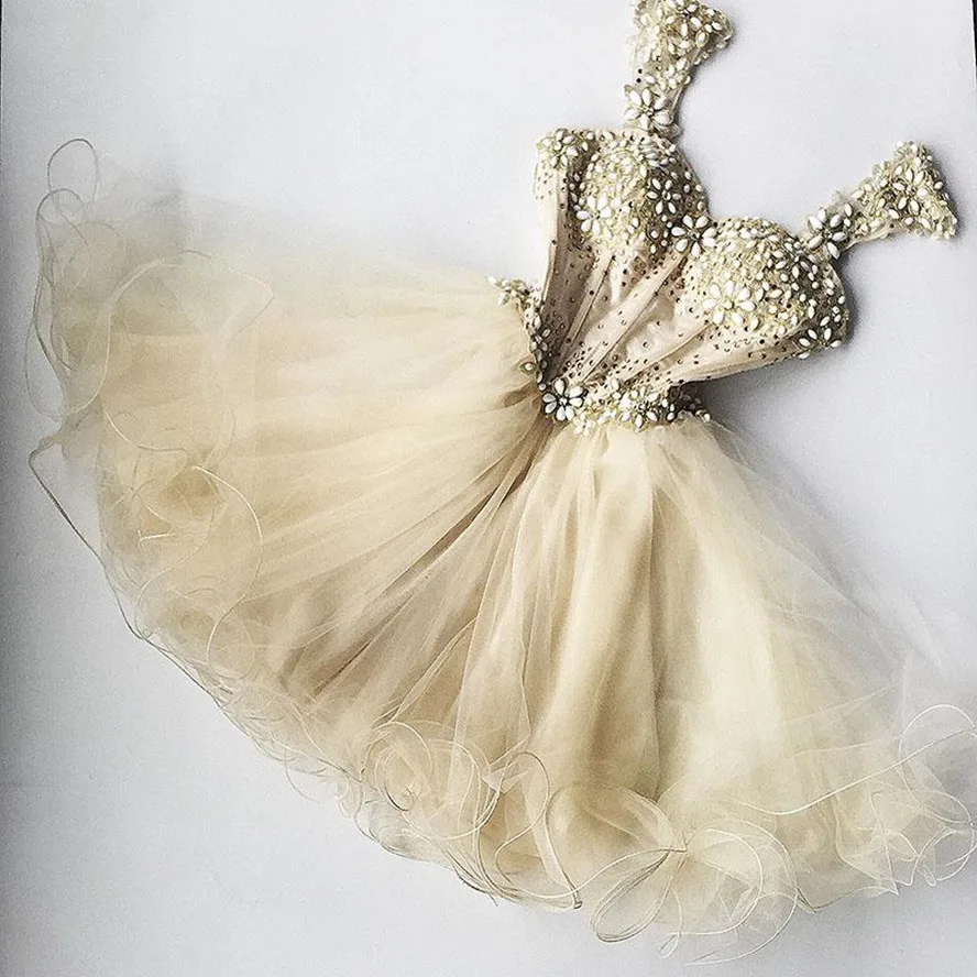 Chic Champagne Beaded Tulle Cocktail Dresses Dress For Graduation Appliques Ruffles Sexy Cute Formal Party Dress Crystal 2023