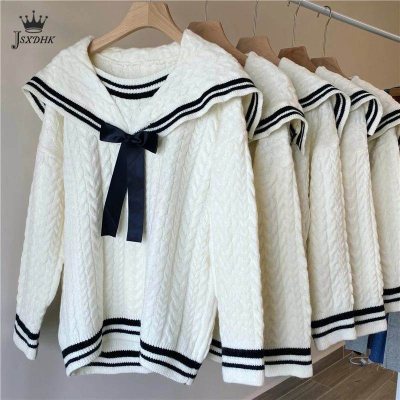 

Японский матросский воротник Женский трикотажный Повседневный милый свитер осень-зима модный полосатый лоскутный милый теплый уютный пул...