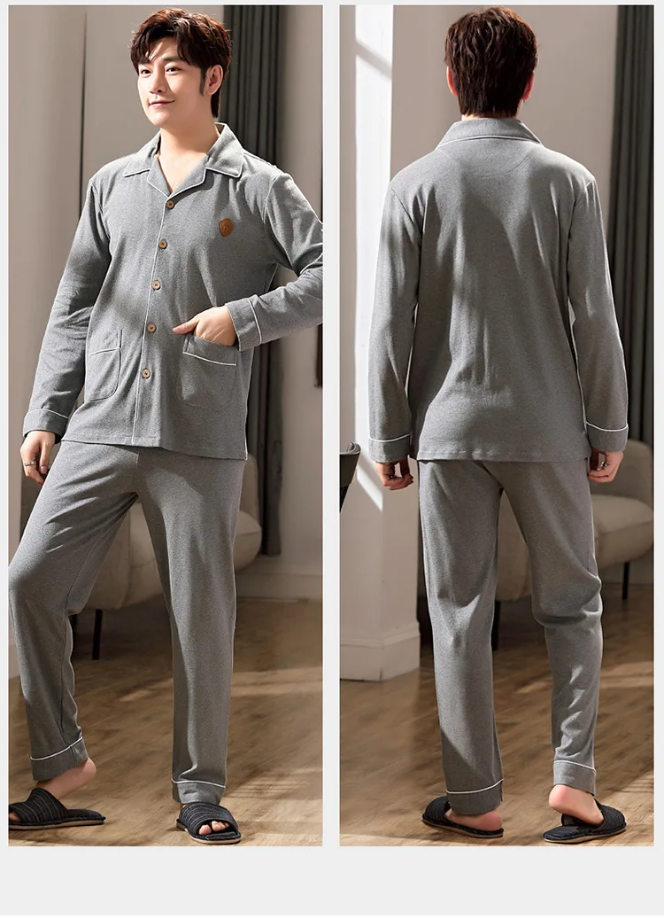 

Pure Cotton Long-sleeved Pajamas Men's Simple Suit for Home Fashion Comfortable Cardigan Lapel Home Service Two-piece Autumn