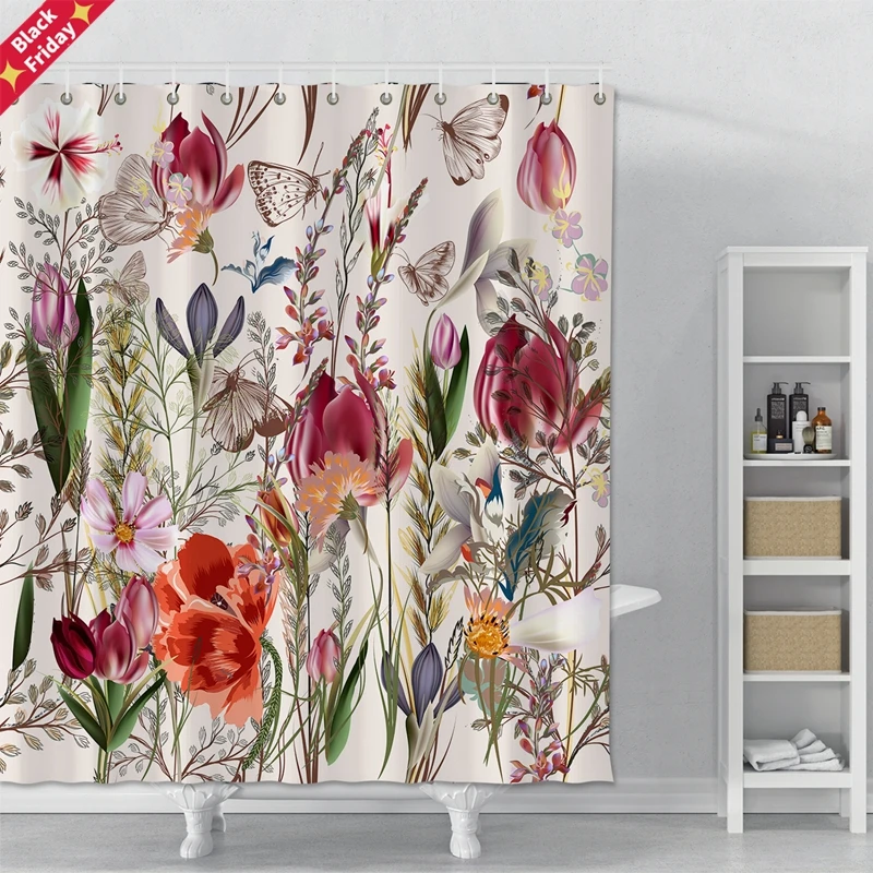

Plant Series Shower Curtain For Bathroom Waterproof Polyester Shower Curtain Print Flowers Butterflies Shower Curtain With Hooks
