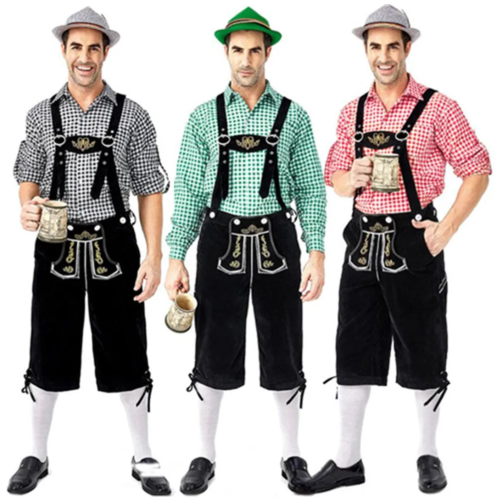 

Традиционный мужской костюм на Октоберфест Lederhosen M -2XL с подтяжками, шапка, комплект костюмов для пива, мужской костюм для косплея на Хэллоуи...