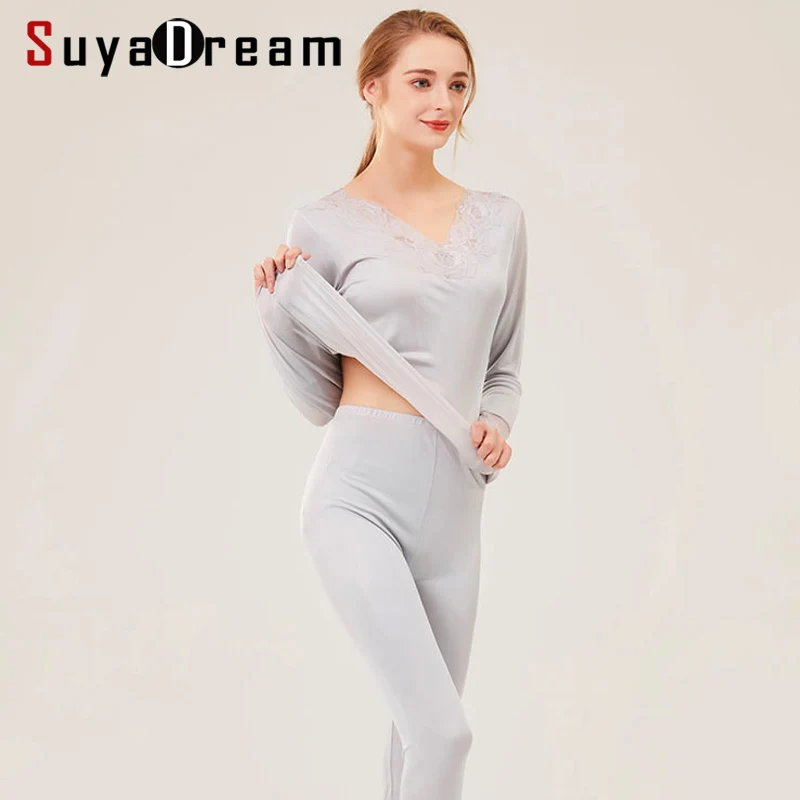 SuyaDream, женское осенне-зимнее шелковое кальсоны, кружевное однотонное трикотажное термобелье с v-образным вырезом