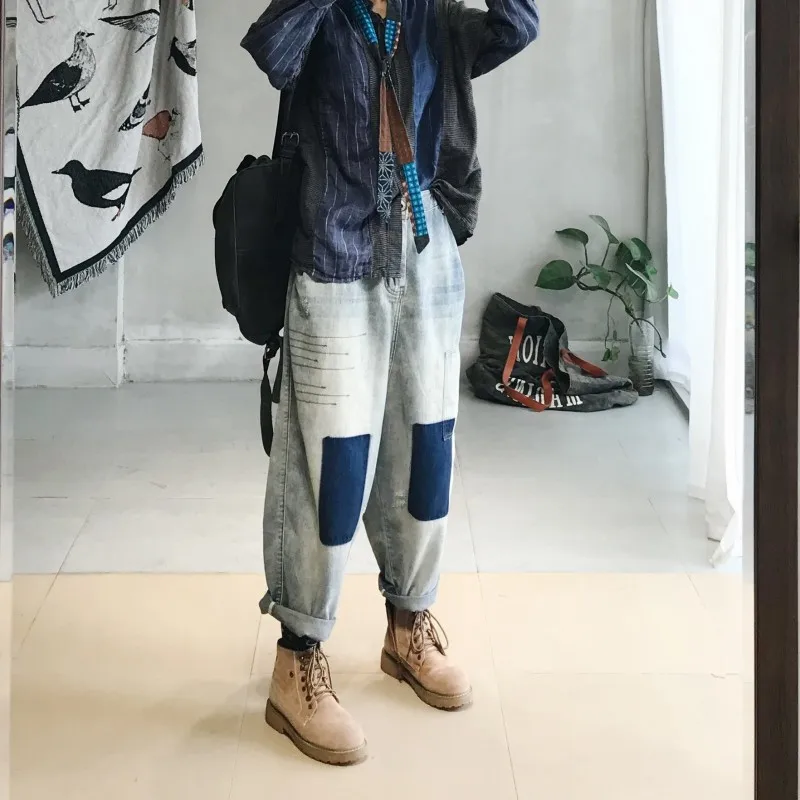

Hip Hop Vintage Patchs Ripped Womens Loose Denim Trousers Autumn Winter New Brand Elastic Waist Ankle Length Female Harem Pants