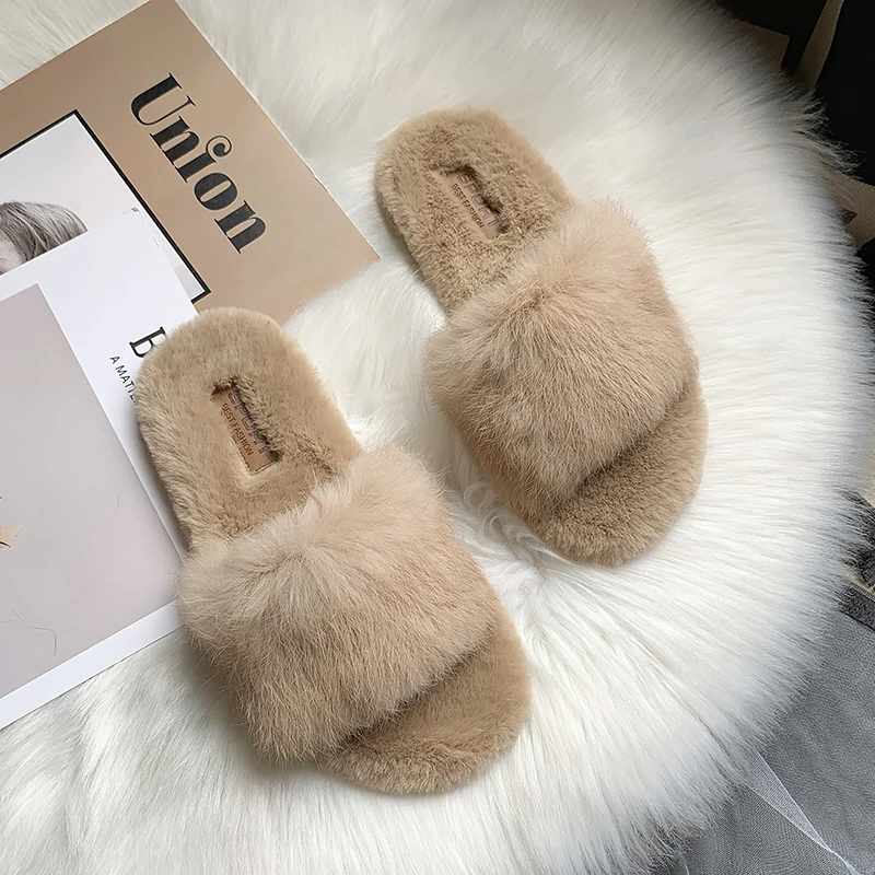 Hot Sale Women Slippers Fashion Fluffy Faux Fur Plush Slippers Women Spring Autumn Slides Flip Flops Flat Shoes 35-40 g754