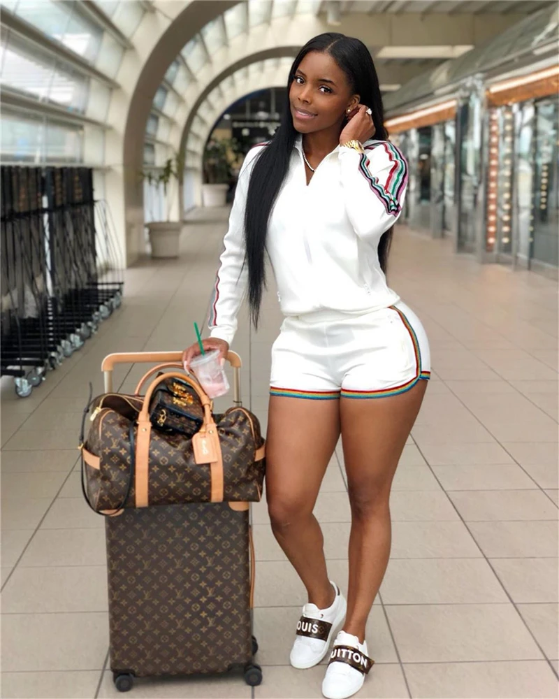 

Adogirl Side Colorful Stripe Women Tracksuit Casual Two Piece Set Zipper Long Sleeve Jacket Coat Top + Shorts Fashion Suits