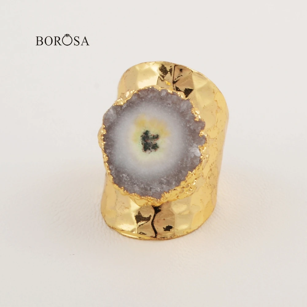 BOROSA 1 шт. натуральный цветок Солнечный Кварц Друза кольцо для женщин золото Мода