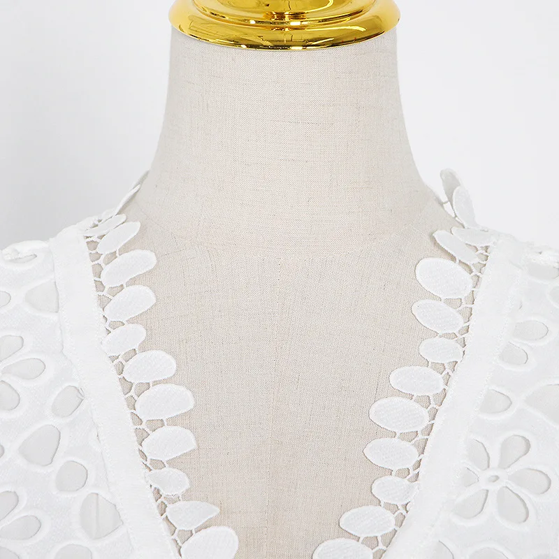 

Elegant White Maxi Dress For Women V Neck Half Sleeve High Waist Hollow Out Slim Dresses Women 2020 Autumn New Style Fashion