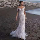 Соблазнительные Свадебные платья-русалки с глубоким круглым вырезом и длинными рукавами, свадебное платье со шлейфом и прозрачной спинкой, кружевное свадебное платье, свадебное платье