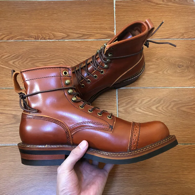 Shoes Lace-up Genuine Cow Leather Ankle Boots Work Dress Motorcycle Boots Red Brown Casual