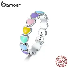 BAMOER 925 Sterling Silver Rainbow Heart Finger Ring for Girl| Women Stackable Silver Ring with Mini Hearts Trendy Party Jewelry