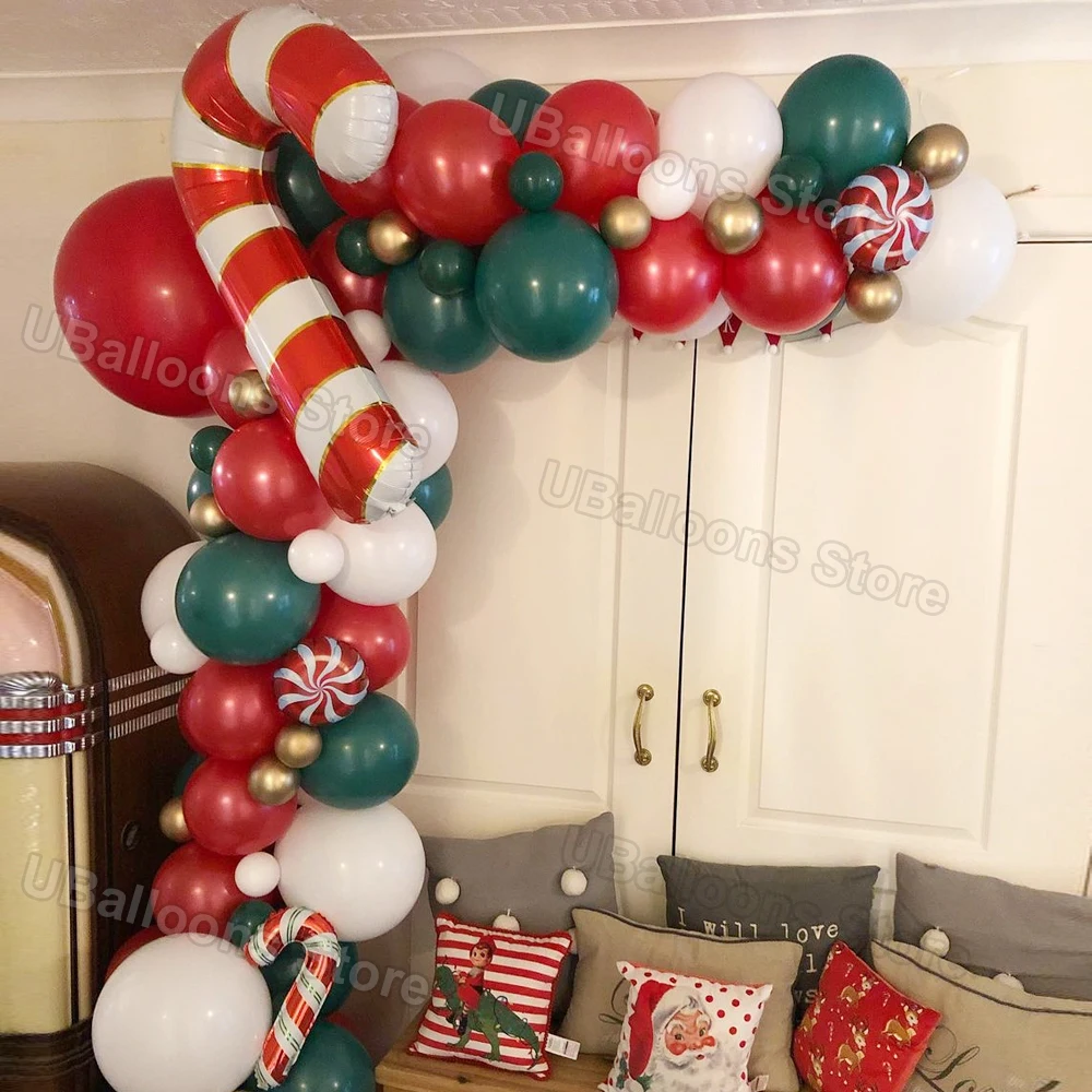 

Christmas Balloons Arch Decorations Red Candy Cane Retro Dark Green Chrome Gold Christmas Balloon for New Year Party Back Decor