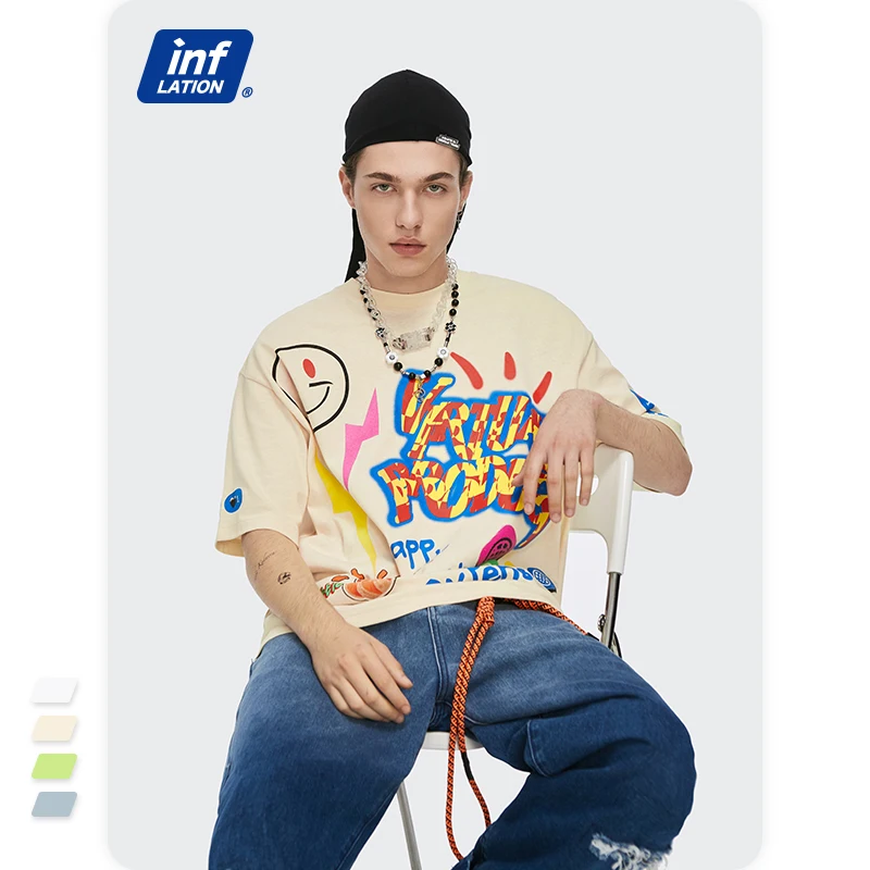 INFLATION Men Graffiti Printing Funny Tshirt Streetwear 2021 Trending Oversized Hip Hop T-shirts For Boy Tees 5158S21