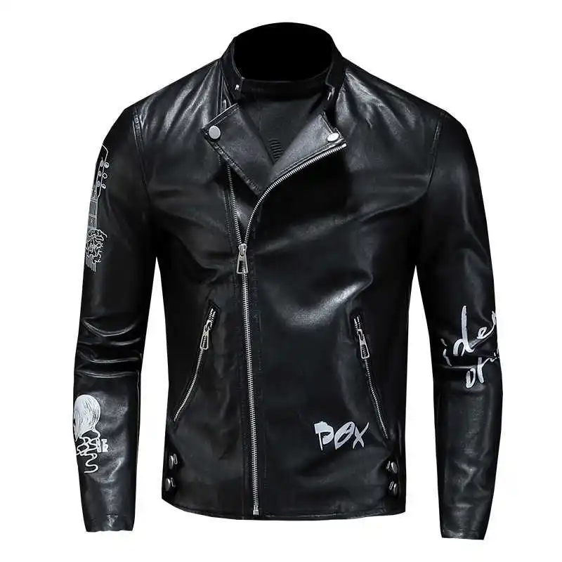 

Autumn And Winter New Jackets Men Fashion Lapel Locomotive Leather Jacket Korean Printing PU Leather Hip Hop Personality Coats