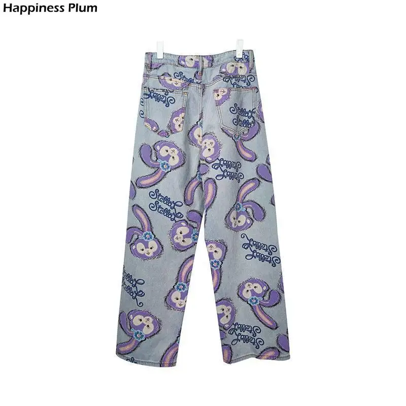 

Women Jeans High Waist Loose Straight Pants 2020 Cartoon Printed Zipper Casual Female Long Trousers Large Size Mom Long Pants