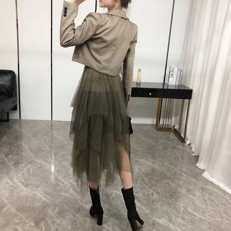 

Double-breasted Short Suit Jacket+irregular Mesh Splice Sling Dress Two Piece Outfits for Women Spring Clothing 2021