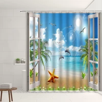 ocean scenery shower curtain beach starfish tropical plants green leaf living room bathroom decor screen set with hooks washable