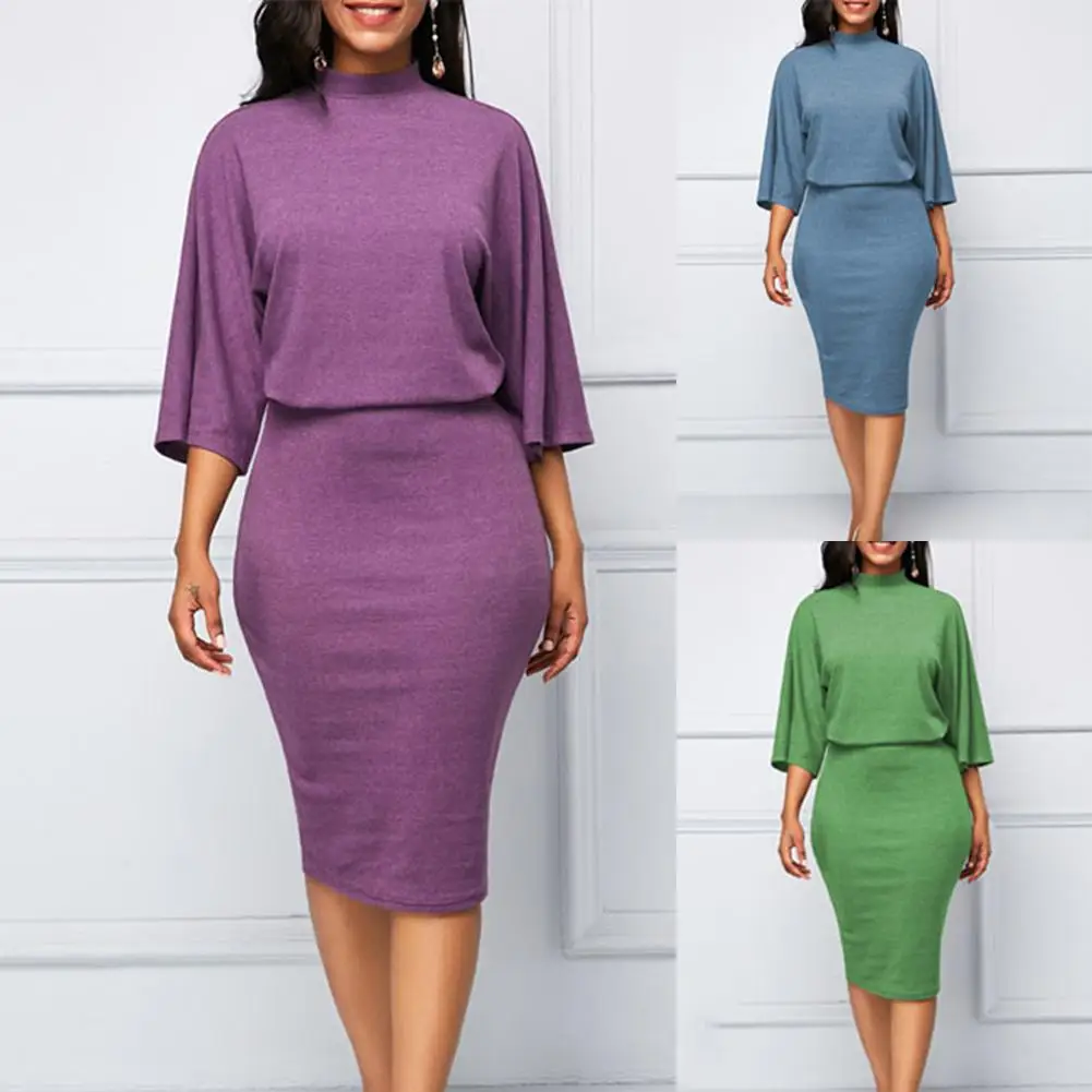 

Plus Size Fashion Women Solid Color 3/4 Sleeve Round Neck Bodycon Midi Dress