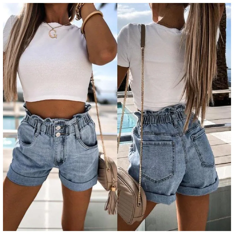 

WEPBEL Solid Color Pocket Denim Shorts Women's Casual Stitching Shorts Summer Fashion Button Mid Waist Denim Straight Shorts