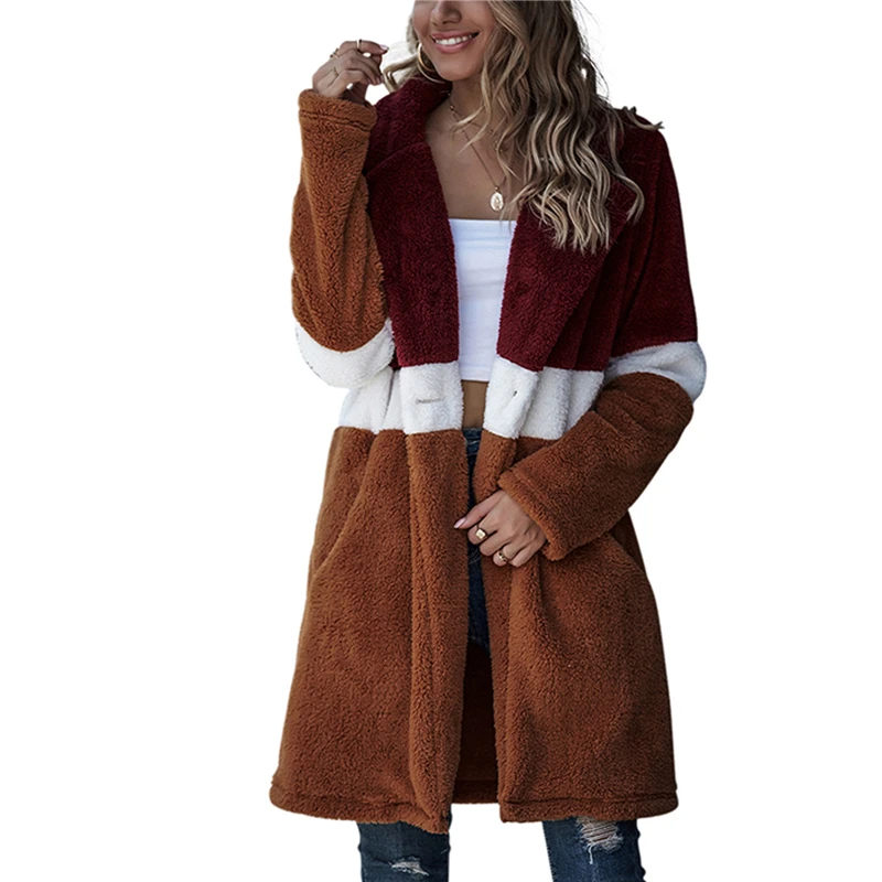 

Women's Fluffy Fleece Cardigan Coat Winter Warm Notched Lapel Long Sleeve Color Block Striped Coat Womens Clothing Jackets