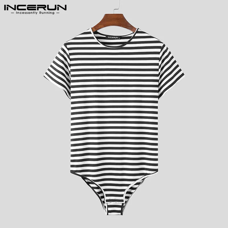 

Men Fashion Sexy Fitness Mens T-shirt INCERUN 2022 Men Striped Bodysuit T Shirt Leisure Short Sleeve Round Neck Rompers Tops 5XL