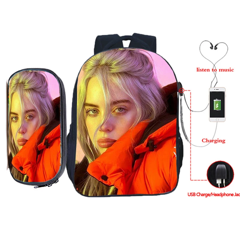 6 Billie Eilish рюкзак для зарядки через usb 2 шт./компл. школьная сумка для подростков мальчиков и девочек рюкзак для ноутбука пенал Дорожная сумка на плечо - Цвет: 6