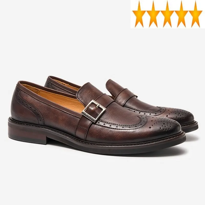 

Genuine British Mens Bullock Carved Leather Business Autumn New Brand Buckle Round Toe Slip On Comfort Male Dress Shoes