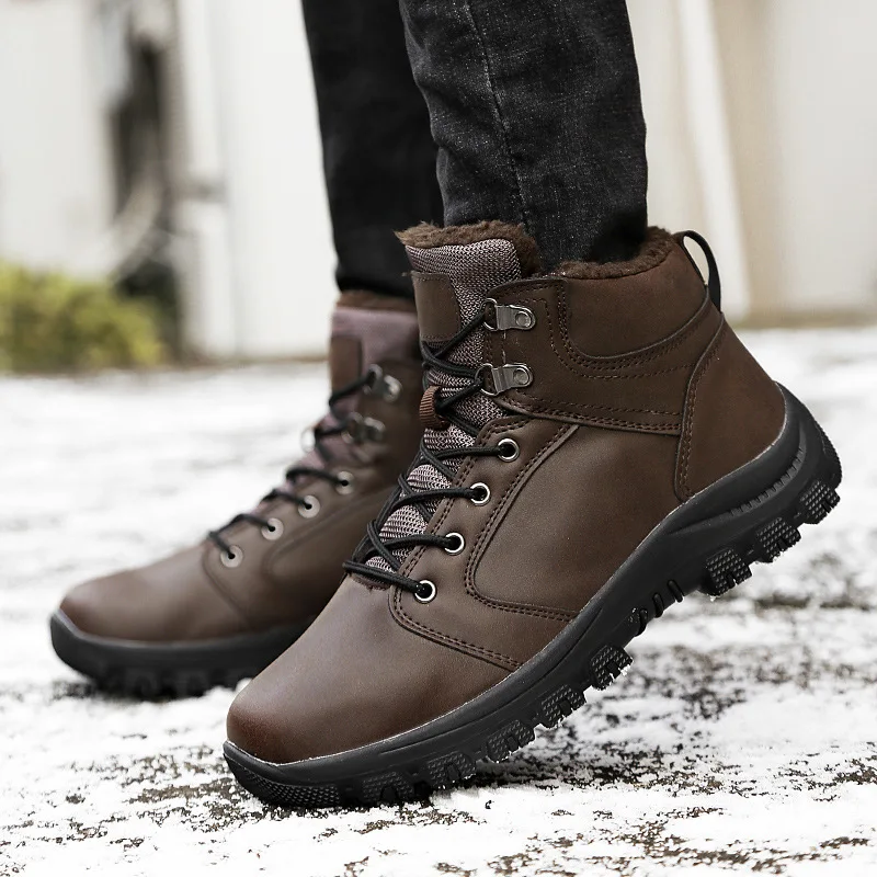 

Winter Men Boots Short Plush Nice Shoes Men PU Snow Boots Rubber Ankle Botas Vogue Leather Snow Shoes Lace Up Warm