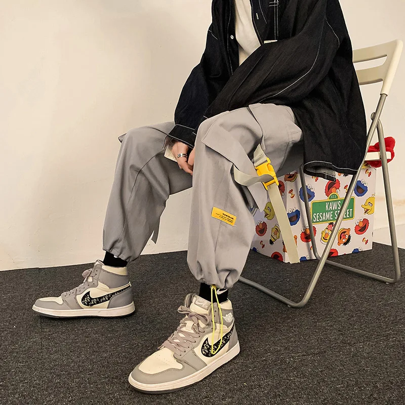

2021 New style overalls men's fashion brand spring loose straight tube student ribbon functional BF style pants Korean Trend