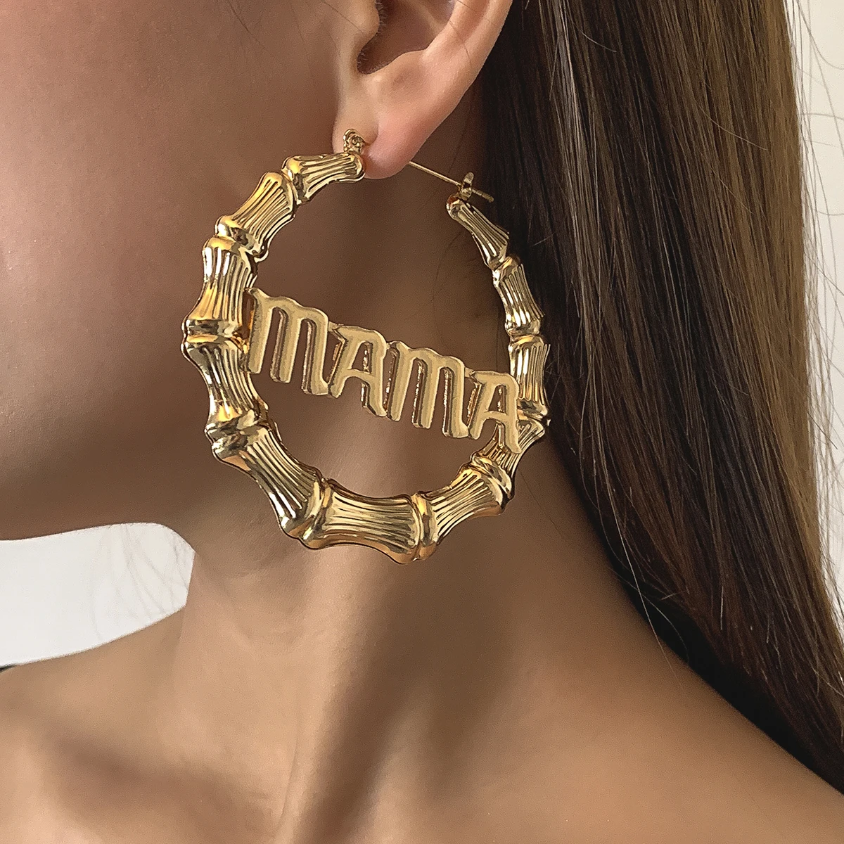 

IngeSight.Z Punk Metal Bamboo Big Circle Hoop Earrings Initial Letter MAMA Loop Earrings for Women Ear Piercing Jewelry Bijoux