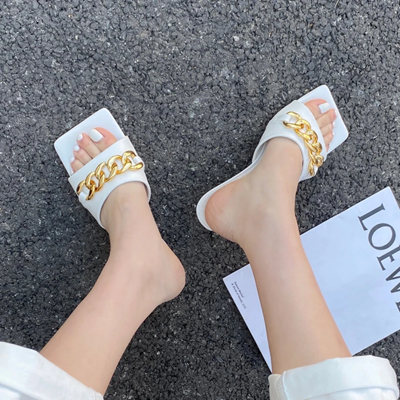 

2021 New Women Slippers Fashion Thin High Heels Sandals Slippers Woman Shoes Chain Square Toe Heel Slides Female Slippers Shoes