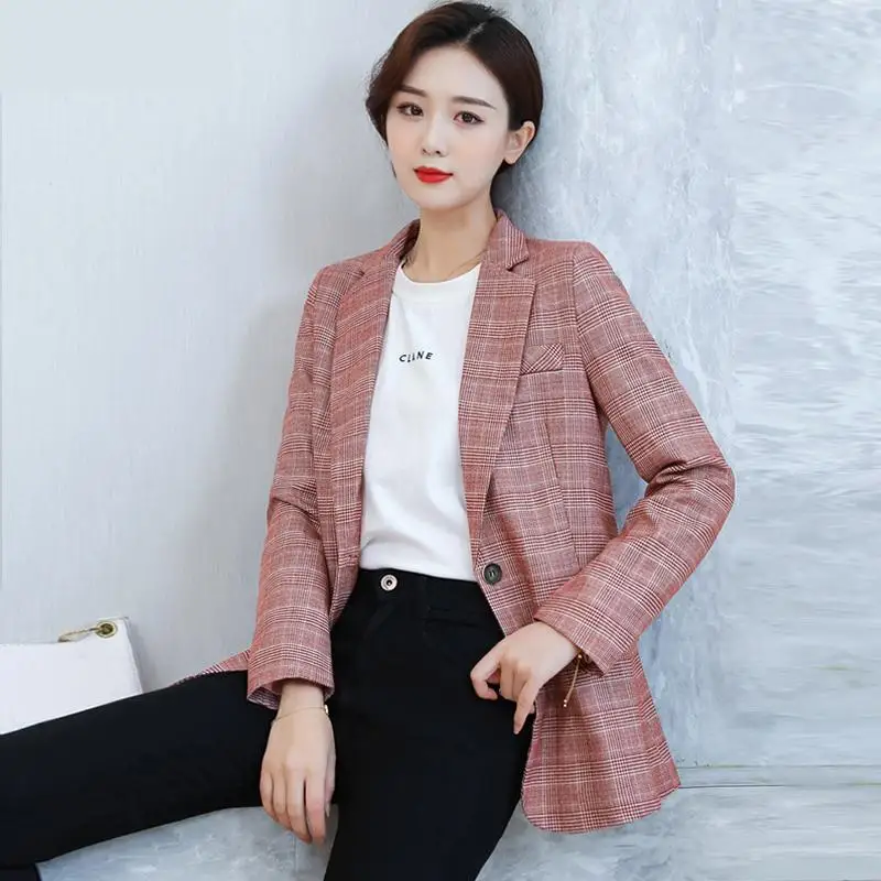 

2021 Autumn Korean Womens Blazers Long Sleeve Straight Plaid Notched Blaser Feminino Women Blazers And Jackets Loose