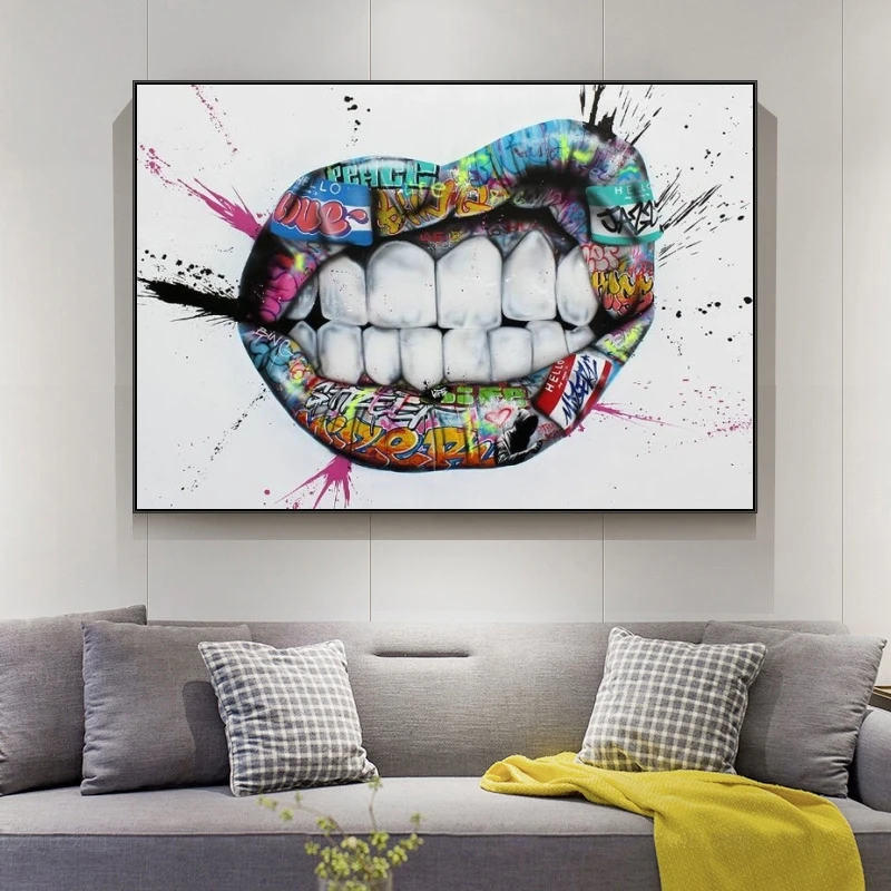 Современные граффити на стену фотообои с рисунком губ Холст Плакаты и принты