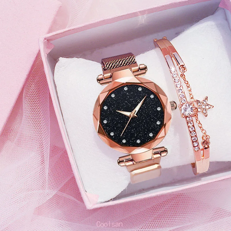 

Роскошные женские часы кварцевые модные браслет и часы набор дамские наручные часы Звездное небо римская цифра подарок часы relogio feminin