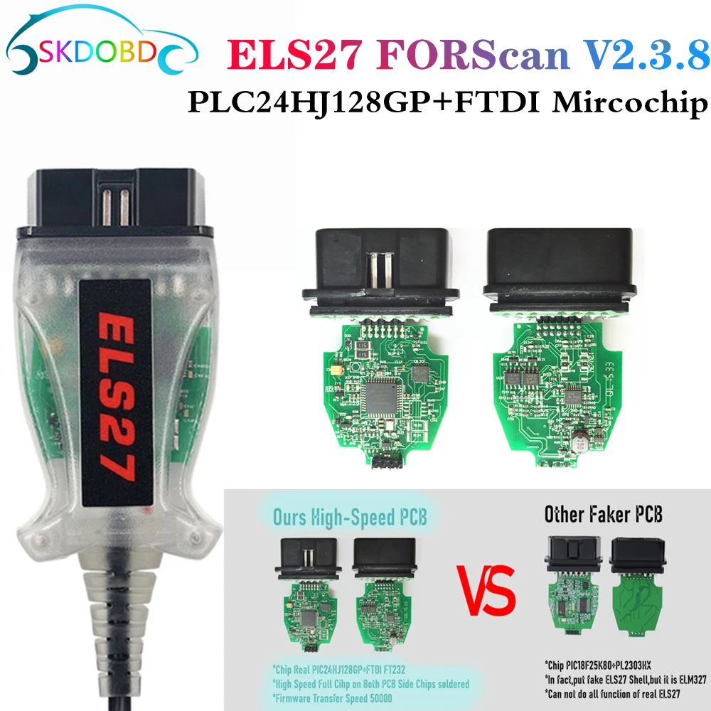 Сканер ELS27 FORScan с зеленой печатной платой V2.3.8 OBD2 сканер PIC24HJ128GP + FTDI микрочип