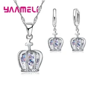 women cage jewelry set fine 925 sterling silver shiny cubic zircon stone cross crown pendant necklace earrings for wedding party