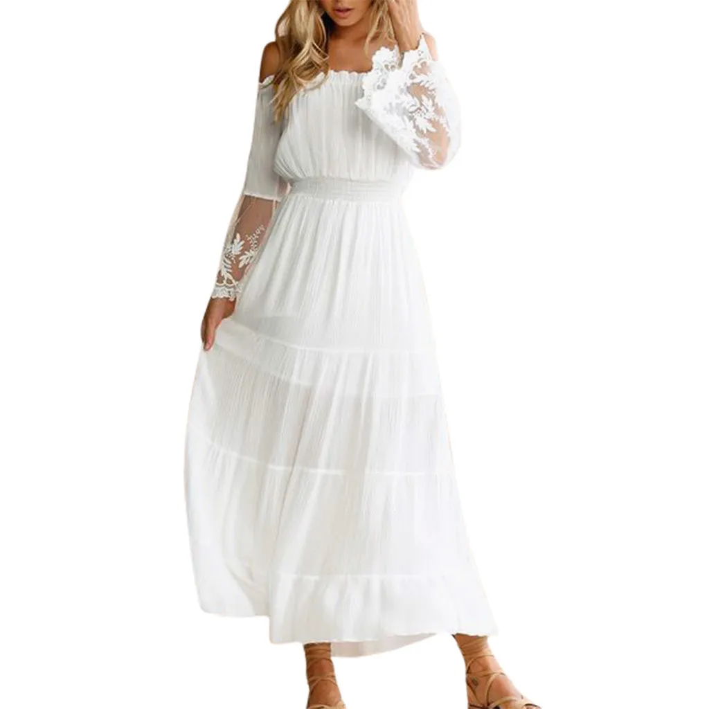 

Chiffon Fairy Dress Summer Women's Lace Off The Shoulder Strapless Short Sleeve Women Dress Bohemian Hoilday Ankle-Length Dress