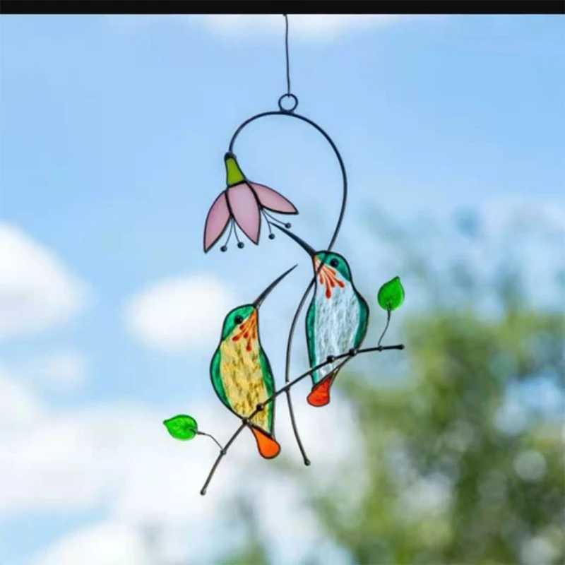 

H051 Beautiful Flower Hummingbird Stained Glass Ornaments Outdoor Pastoral Garden Window Hanging Decoration Home Gardening