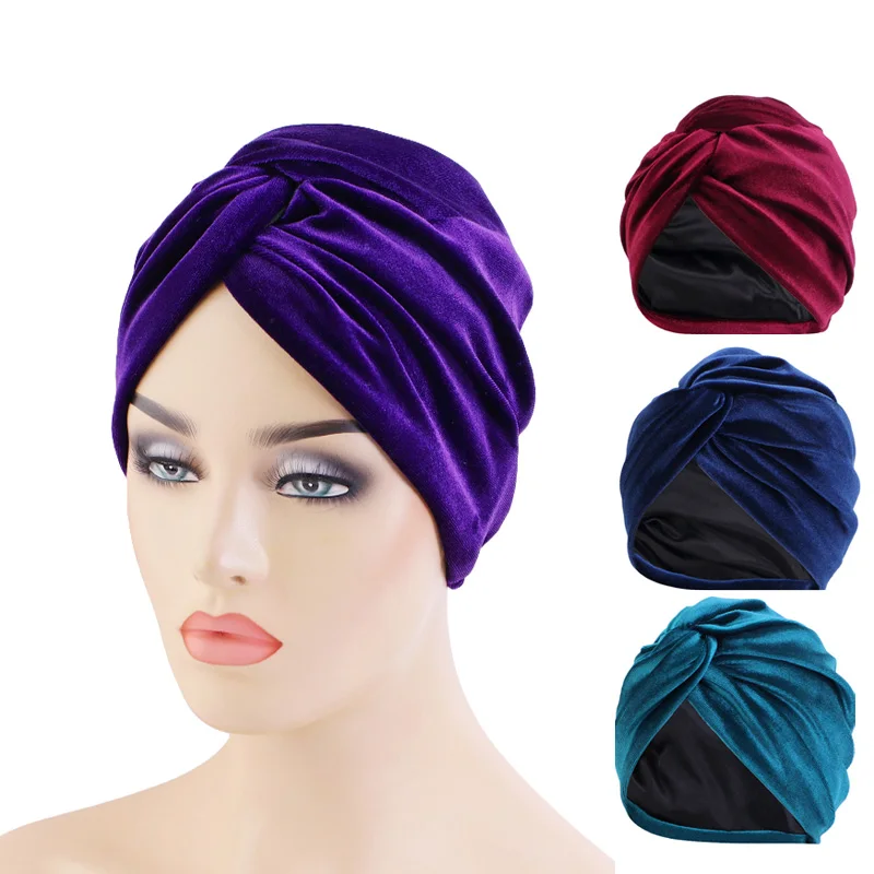 

Ladies Velvet Twist Turban With Satin Linning Hat Head Wrap Stretchy Solid Color Inner Hijab Caps African Twist Headwrap