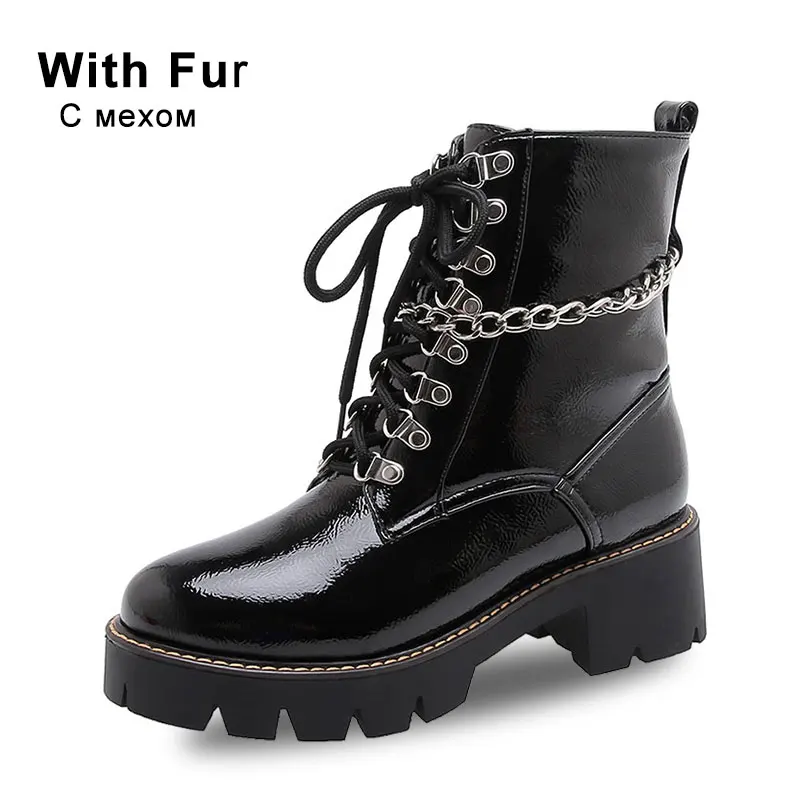 black with fur FITWEE, женские ботильоны с заклепками, женские туфли в стиле панк из лакированной кожи, Теплые повседневные весенне-зимние женские ботинки на меху, размер 34-43 - Цвет: black with fur