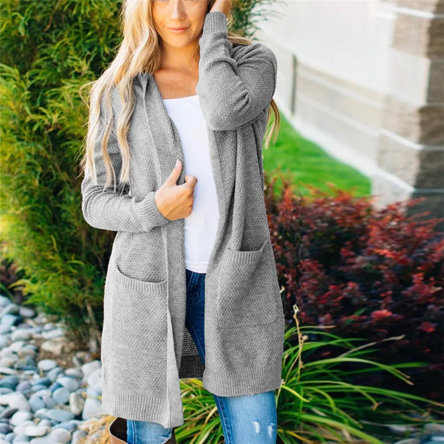 Женский вязаный Тренч с капюшоном Свободный кардиган длинным рукавом верхняя