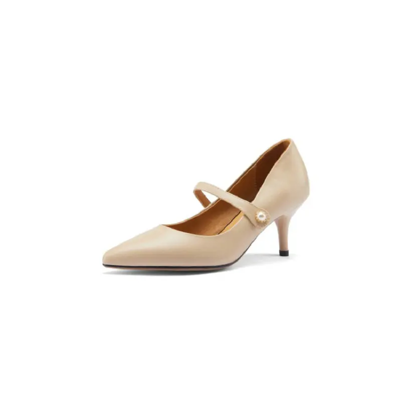 

Sianie Tianie Genuine Natural Leather Pointed Toe Charm Ladies Pumps Nude Black Pointed Toe Thin High Heels Mary Janes Shoes
