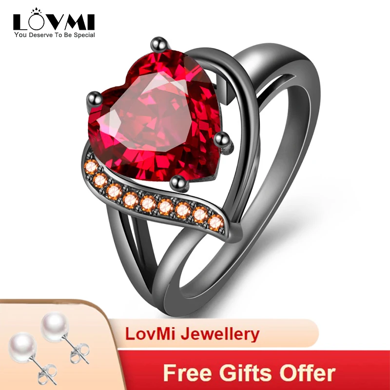 

Vintage Women Jewelry 925 Silver Black Gold Heart Design Ruby Amethyst Gemstone Ring For Wedding Party Red Diamond Accessories