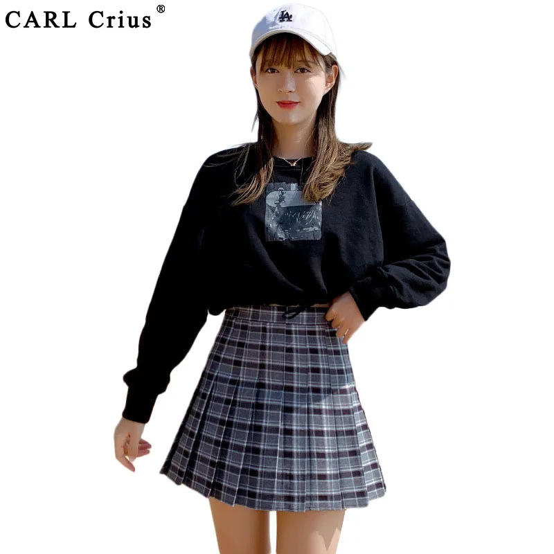 

CARL Crius Four Seasons Korean Fashion Short Skirt Casual Slim Stretch High Waist Plaid Harajuku Pleated Plaid A-line Mini Skirt